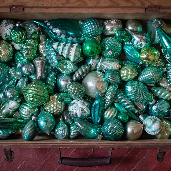 Assorted green glass decor, 1950s Soviet Christmas tree, vintage bohemian ornaments, retro xmas decorations