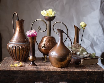 Vintage brass pitcher, metal water jug, rustic metal flower vase,
