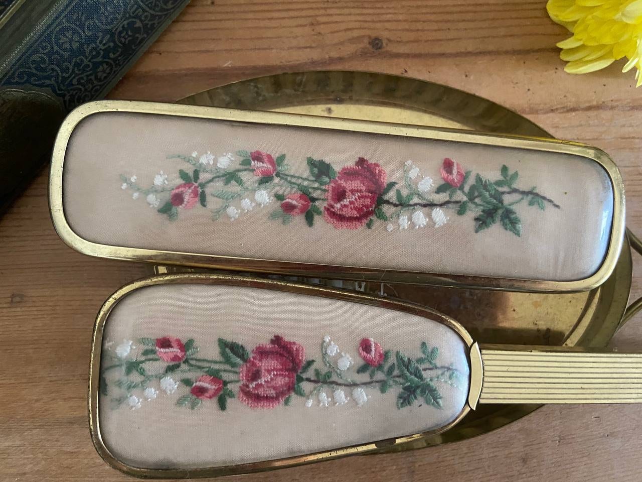 1950s Embroidered Vanity Set, Antique Floral Brush & Hair  display picture 1