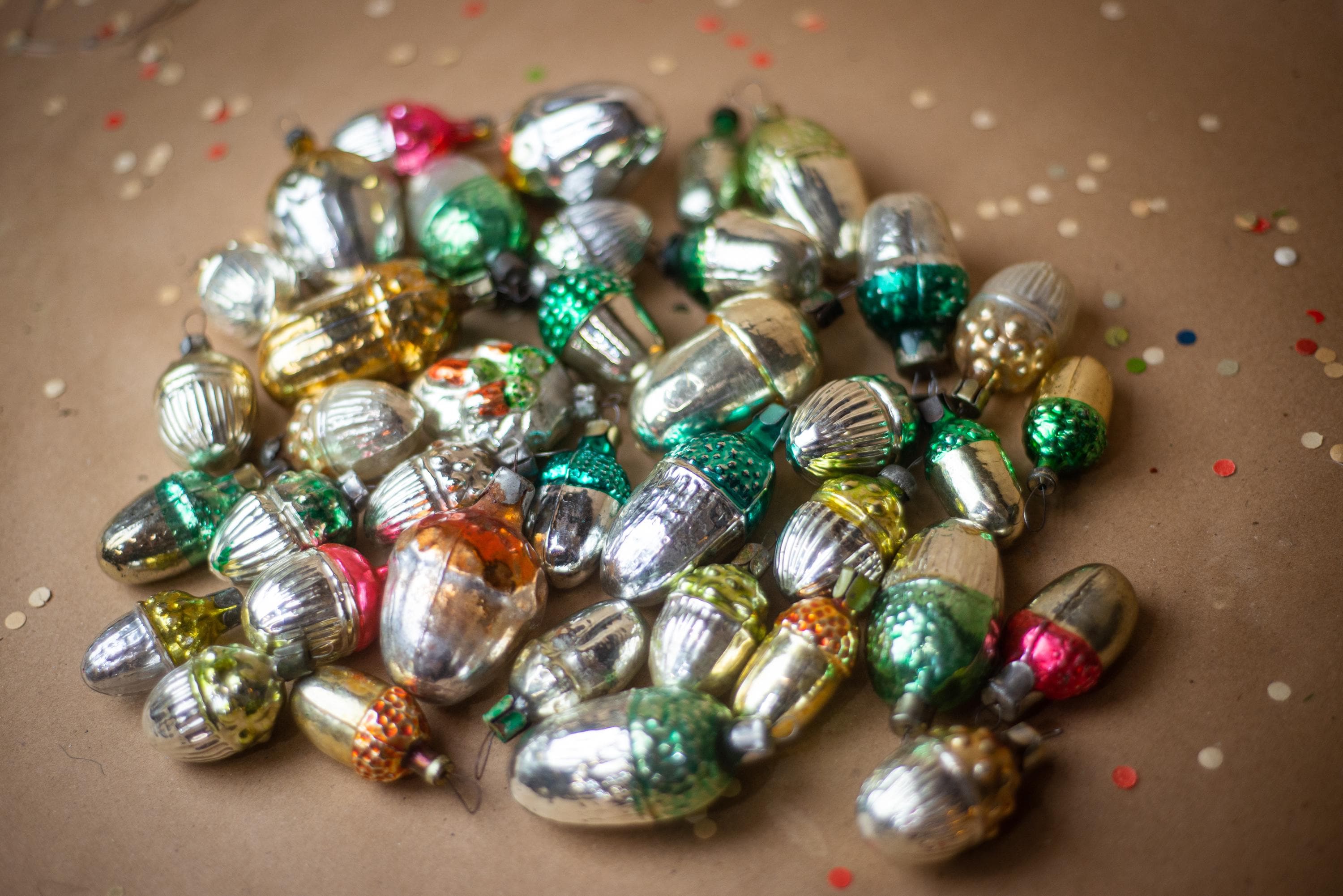 Vintage Acorn Glass Christmas Ornaments, Woodland Oak Nuts, Silver