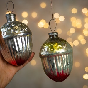 Christmas acorn ornaments set, vintage Xmas tree ornaments, glass ornaments, USSR vintage Christmas baubles, silver ornaments