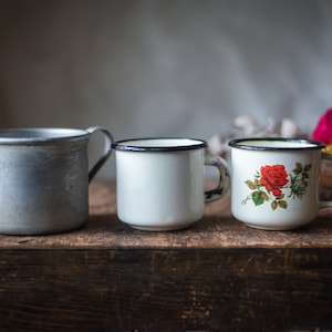 Enamel coffee cup, vintage camping mug, metal tea cup with floral design, traveling mug