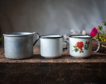 Enamel coffee cup, vintage camping mug, metal tea cup with floral design, traveling mug