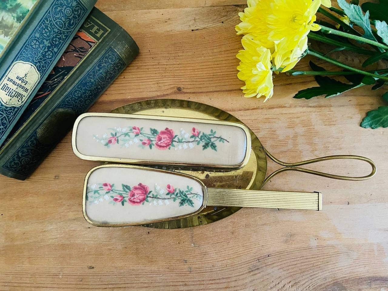 1950s Embroidered Vanity Set, Antique Floral Brush & Hair  display picture 1