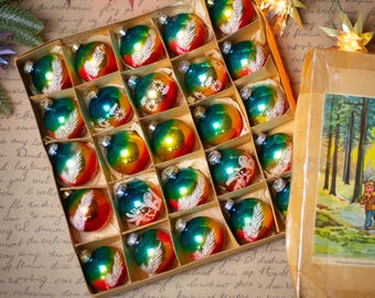 Vintage Glass Christmas Ornaments Set of 25, Rainbow Mercury Baubles in Original Box