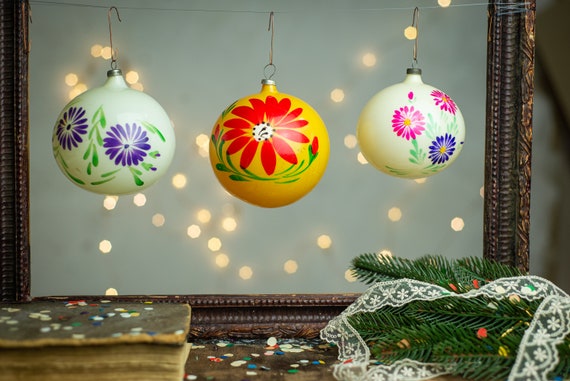 Adornos florales de Navidad conjunto vidrio de 3 Etsy España