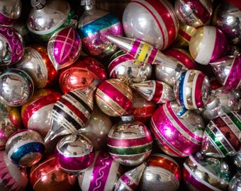 Vintage Stripe Glass Christmas Ornaments, 1950s Balls and Icicles Set