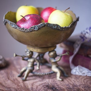 Bronze fruit bowl with Putti, vintage elegant serving plate with decorative angels, antique dishware, sweets or candies plate