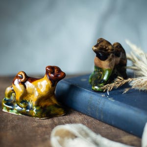 Ceramic Dog Figurines, Vintage Animals, Brown and Yellow Glazed Mid Century Decor
