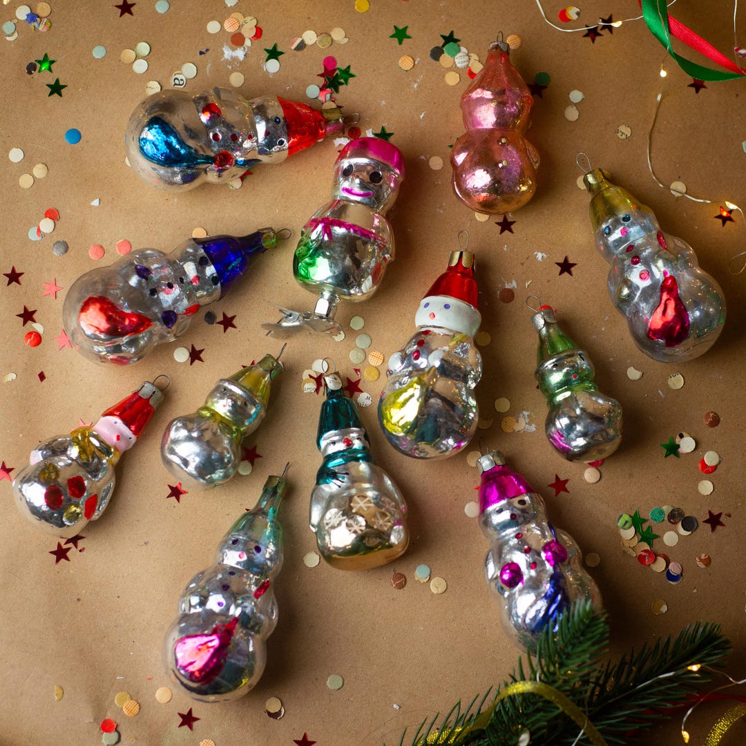 Vintage Glass Snowman Christmas Ornament, 1970s Xmas Hanging