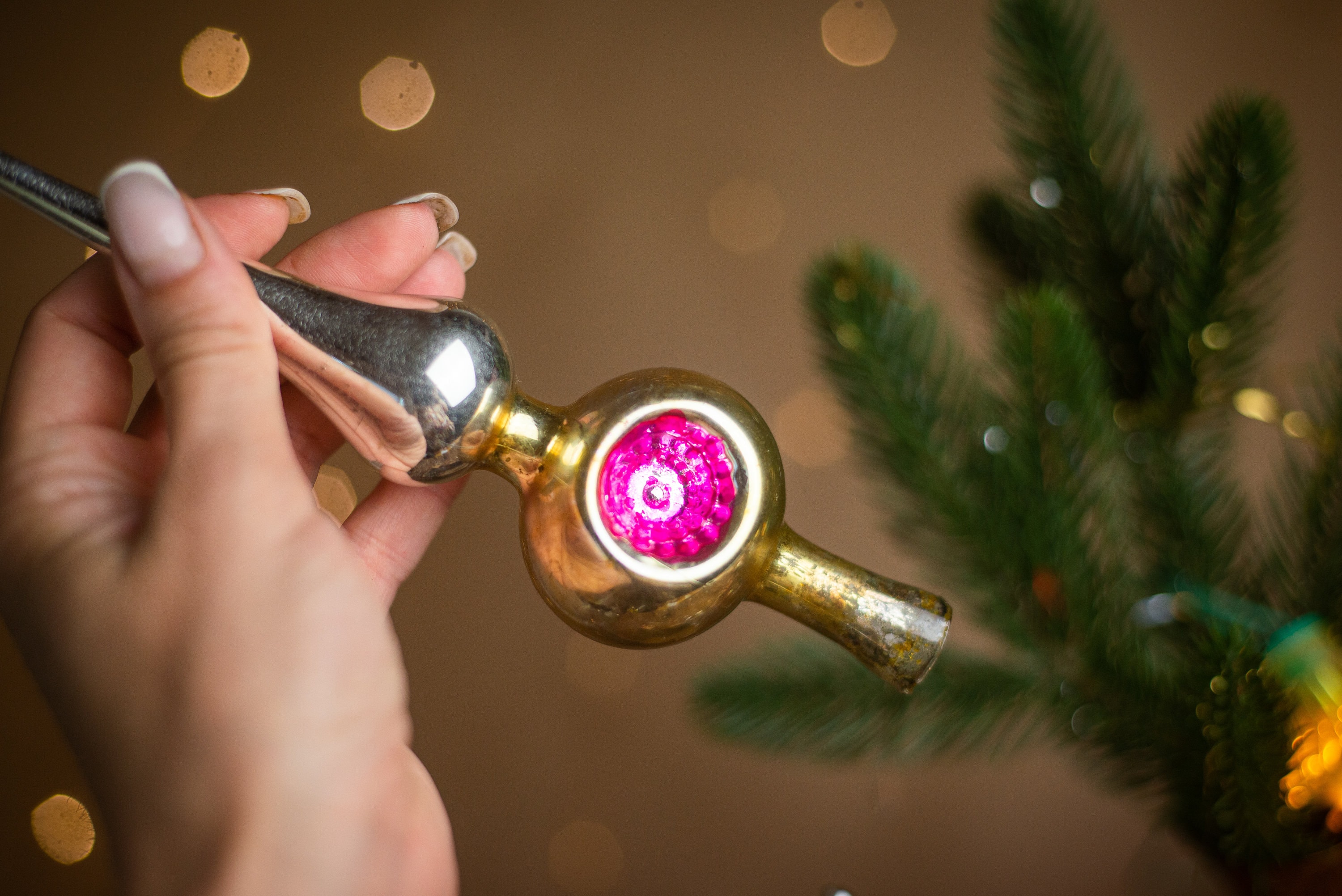 Puntale Per Albero Di Natale In Vetro 26cm - Decorazione Natalizia Rosa E Arancione | Cima Albero Vintage