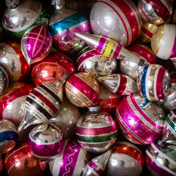 Stripe Christmas ornaments, vintage decoration, 1950s Christmas, assorted stripe glass ornaments, balls, icicles, Xmas antique,