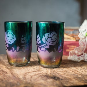 Vintage set of 2 colorful glasses, retro rainbow tableware, USSR barware and kitchen decor
