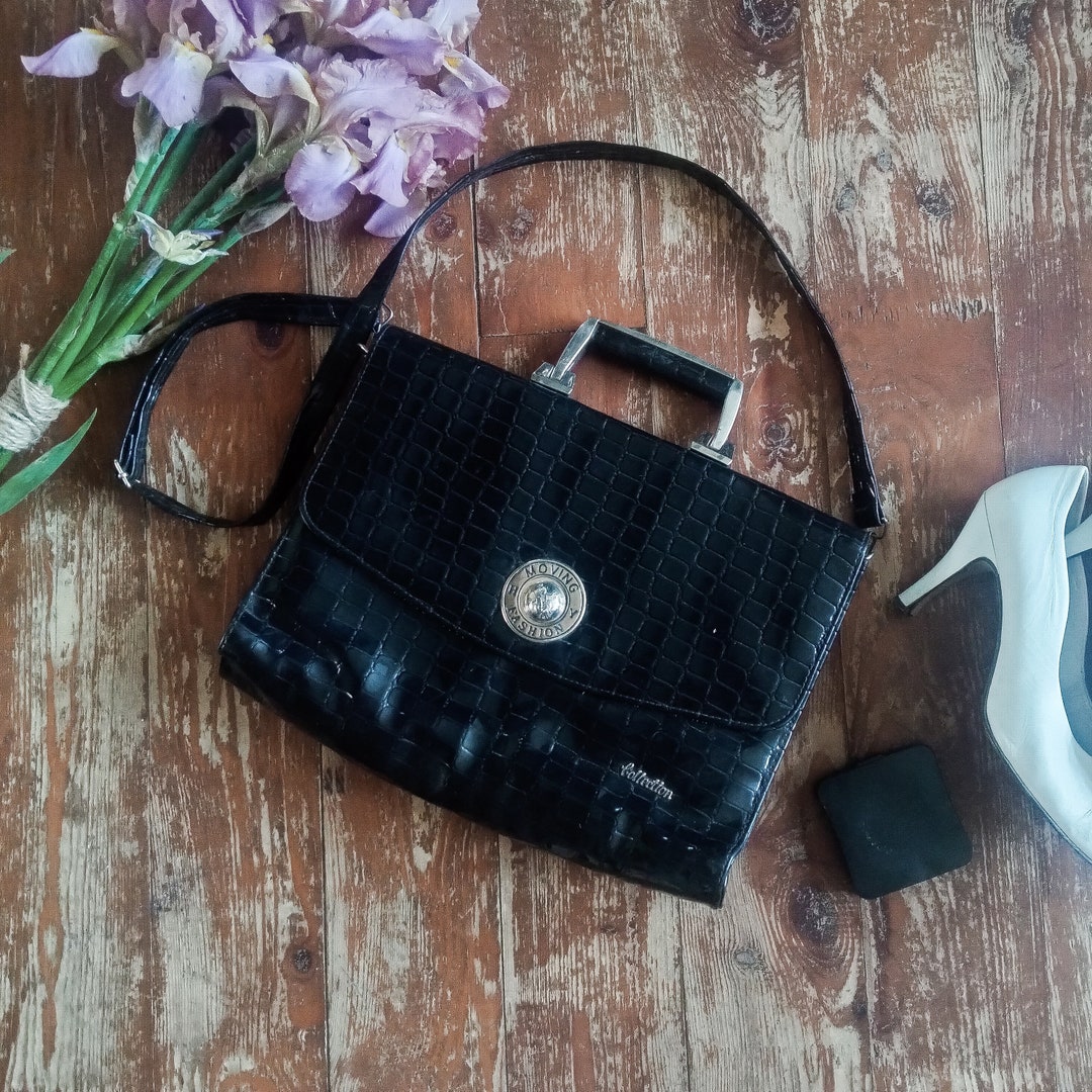 Vintage Patent Leather Handbag, Elegant Everyday Work Bag, Top Handle Flap Briefcase, Classic