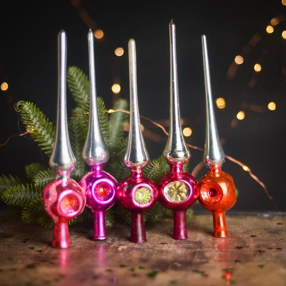 Vintage Weihnachts Baumspitze, Spitze Tannenbaum, Einzug Glas Ornament, silber rot Weihnachten Mid Century Xmas Dekoration Boho Dekor