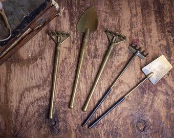 Vintage miniature gardening brass tools, planting tools for bonsai pots and flower pots, brass rake and brass trowel