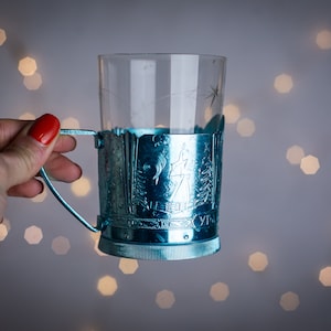 Vintage Soviet Glass Tea Holders Set, 1970s Metal Podstakannik Cups Pair