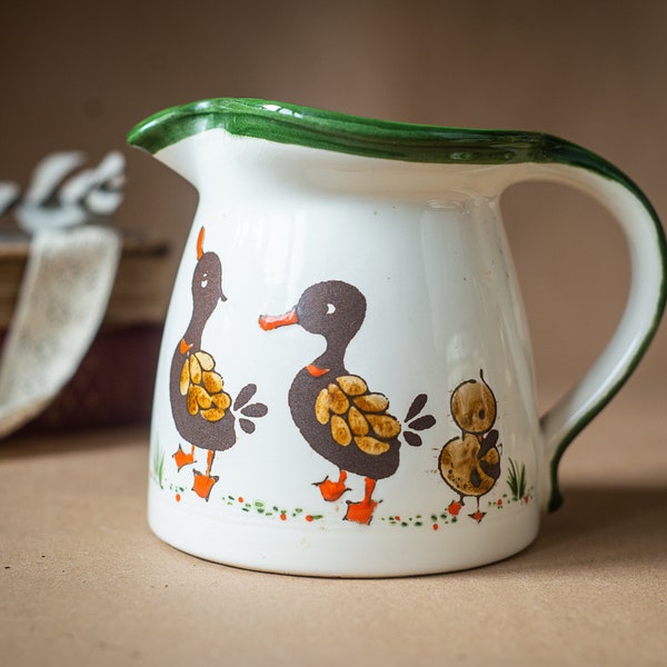 Duckling, Easter Vintage ceramic pitcher vase, retro jug vase, white green flower vase