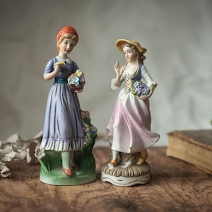Girl with flower baskets figurines, bisque porcelain, 70th, shelf decor, collectible porcelain, mother&#39;s day gift
