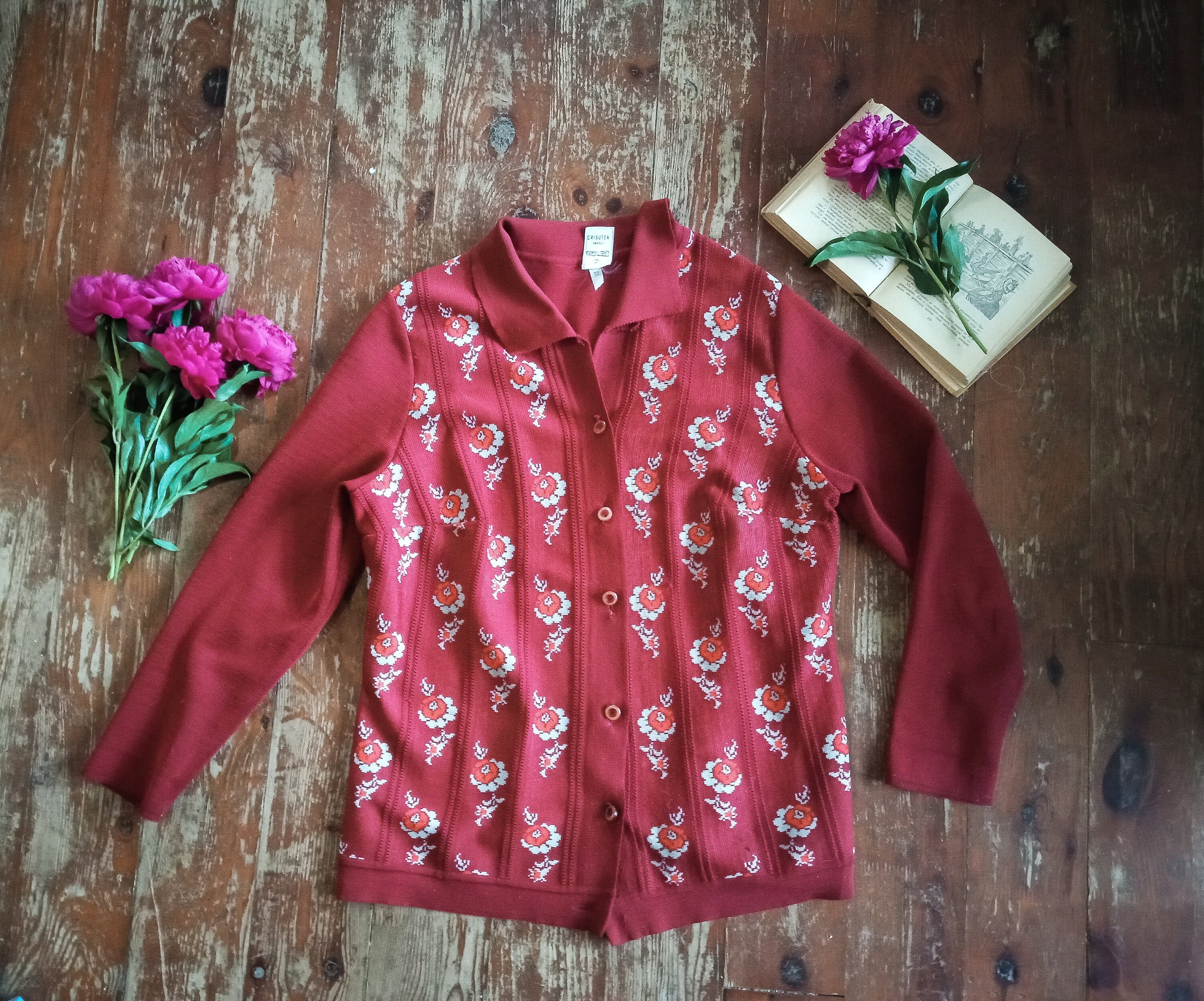 Vintage 1970s Floral Knitted Cardigan: Retro Acrylic Knitwear (L
