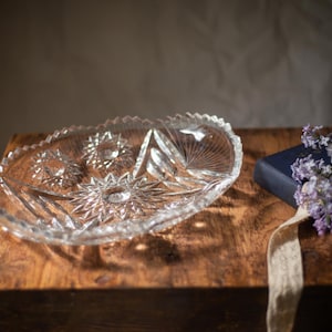 Crystal serving plate, oval cut glass tray, vintage candy dish, snack or olive platter