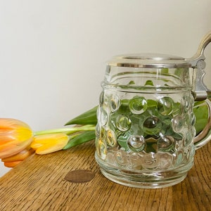 Glass Large Beer Mug, Germany beer tankard, Beer Stein with metal lid, vintage barware