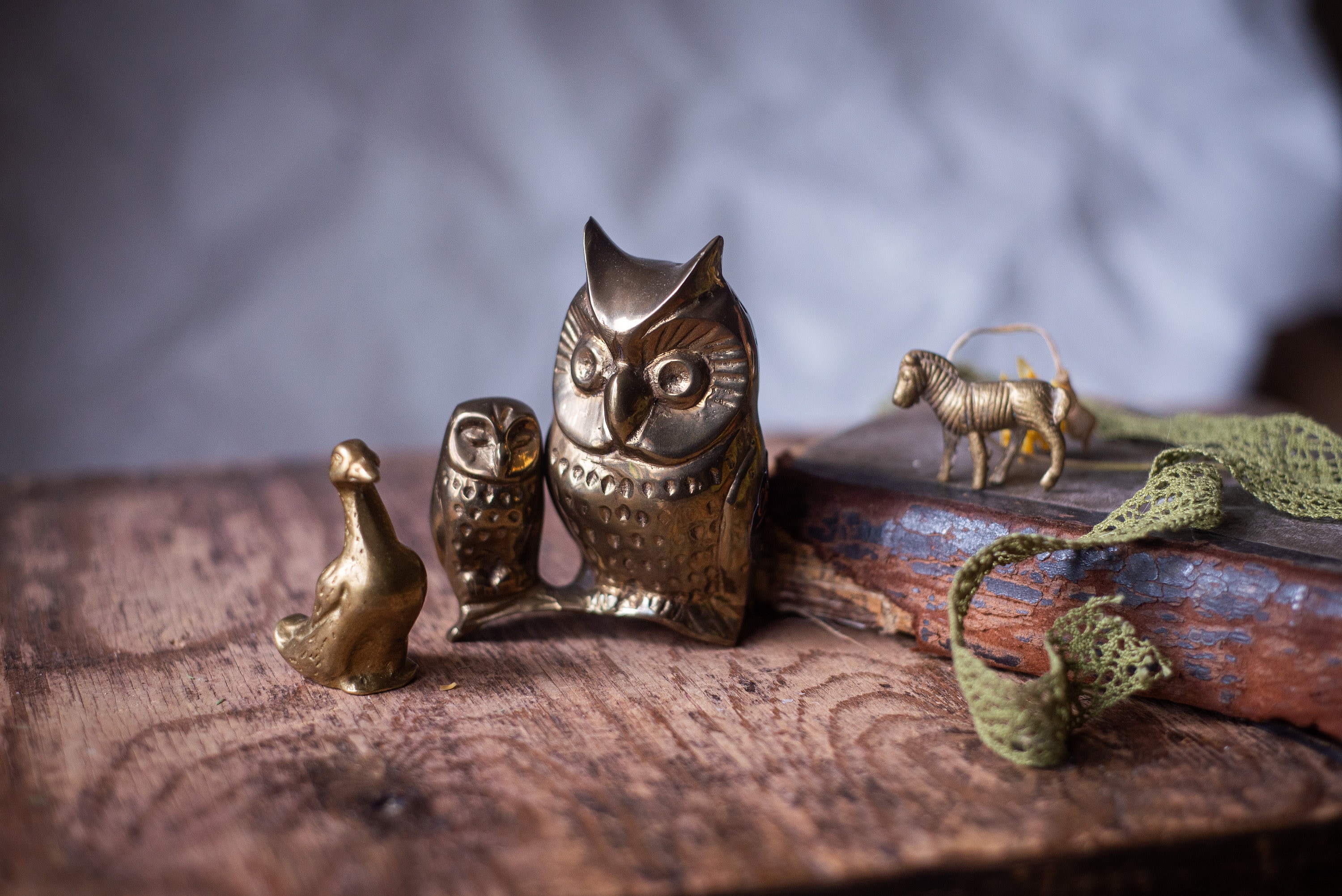Owl brass figurine, goose, horse miniature brass statuette, shelf decor, mantel decor