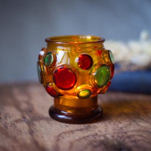 Glas Kerzenständer mit Bunten Punkten, Retro Mid Century Votiv, Vintage Amber Art Glass