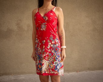 Vintage floral sundress, Summer strap embroidered dress, Y2K fashion, V-neck fitted short dress, Vacation dresses
