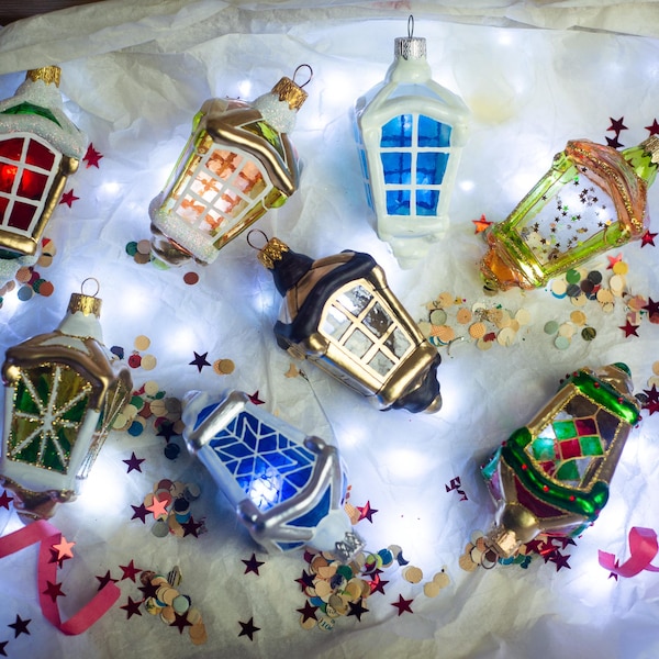 Christmas lantern glass ornament, Rustic Xmas tree hanging decoration
