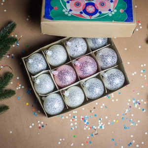 Frosted Christmas glass vintage ornaments Set of 12 in the original box, pink and blue glitter Xmas balls, retro Xmas hanging tree decor