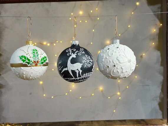 Black and White Christmas Baubles Textured Hand Painted Glass Balls Bohemian Xmas Tree Ornaments Rustic Winter Holidays Decorations Etsy UK