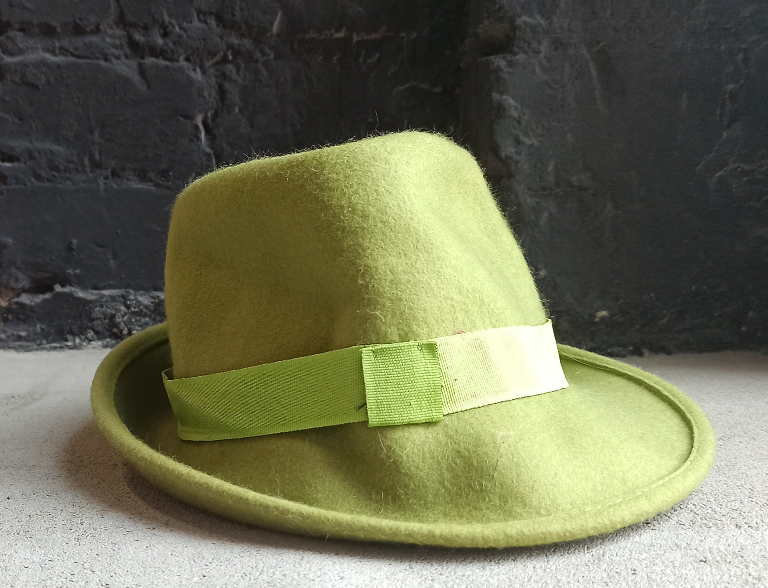 Vintage Risa Swiss Made Dark Olive Green Short Brim Fedora Wool Hat Size 7 Fido | Olive Green Wool Fedora Hat With Band | In stock  main image 4