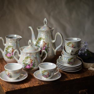 Madonna Tea Set Lusterware 15 Pieces, German Vintage, Art Deco Porcelain Tea Set, Romantic Scene