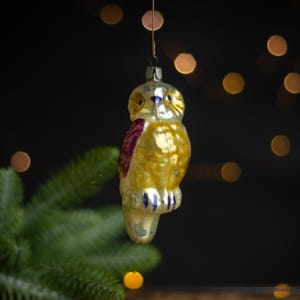 Owl Christmas Ornament, Vintage Glass, Silver Bird Holiday Tree Decoration, Retro Collectible