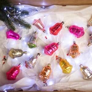 Bells vintage glass Christmas ornaments set, Xmas hanging tree decorations, antique holiday baubles