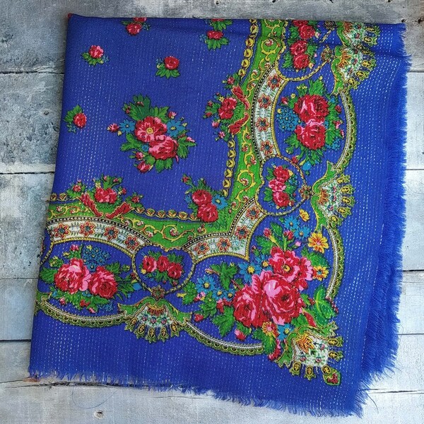 Vintage folk scarves with floral pattern, Wool sparkle babushka scarf, Traditional Slavic kerchief, Retro shoulder wrap