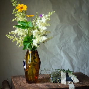 Amber Glass Vase, Hand Blown Brown Art Glass, Mid Century Decor, 1960s Retro Vintage, Organic Modern Home Accent