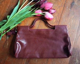 Vintage casual handbag, Retro handle bag, Burgundy faux leather bag, Elegant office bag, 70s women handbags