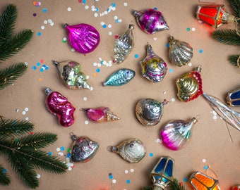 Peces, conchas adornos vintage de cristal navideño, figuras colgantes de árboles de Navidad marinos, vida marina, decoración navideña náutica, Navidad en la playa