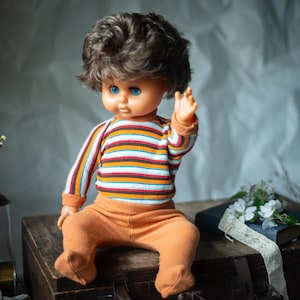 Vintage GDR Doll, East German Doll with Striped Shirt, Retro Collectible Baby Doll, 1980s Toy