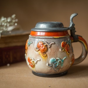 Vintage ceramic beer mug with a lid, stein muss, barware rustic, tankard classic,