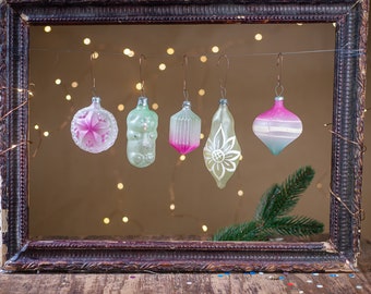 Vintage Christmas glass frosted ornaments set, Hand blown Xmas hanging tree decorations, rustic winter decor, unique decorations