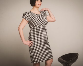 Women vintage plaid dress, 70s retro style fashion, gingham sheath dress, black & white dress