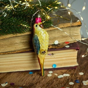 Parrot Xmas figurine, hand-painted bird accents, cute glass ornament, restored Christmas tree decor