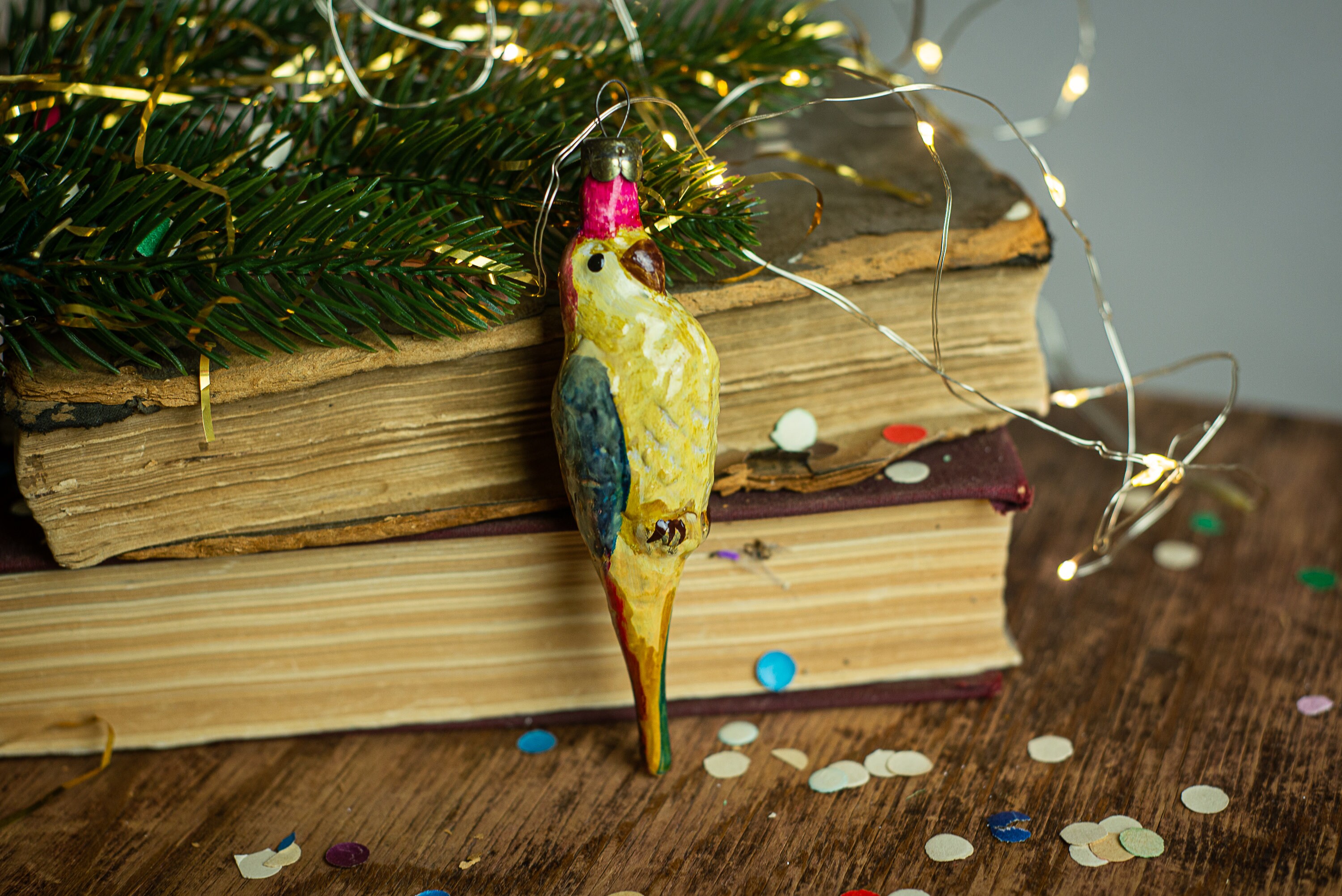 Parrot Xmas figurine, hand-painted bird accents, cute glass ornament, restored Christmas tree decor