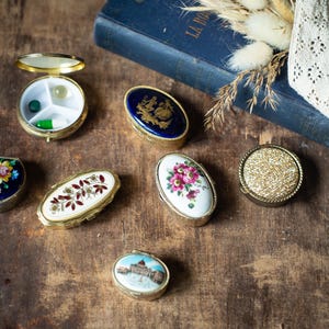 Porcelain Pill Boxes, 1960s Vintage, Decorative Metal Pill Cases with Floral & Ornate Designs