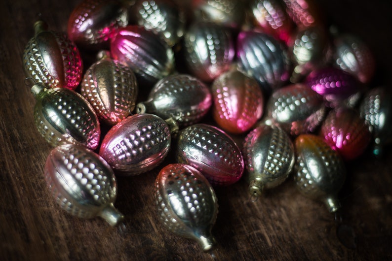 bohemian pine cone decor Soviet Xmas decorations 1950s glass ornaments set vintage boho Christmas tree retro gold pink corn decoration