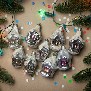 Houses vintage Christmas glass ornaments, winter home decor accents, Xmas tree hanging decor, cute hand-painted figurines
