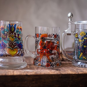 Vintage glass beer mug with flower pattern, beer tankard with pewter lid, glass beer stein, vintage barware, Germany vintage Oktoberfest